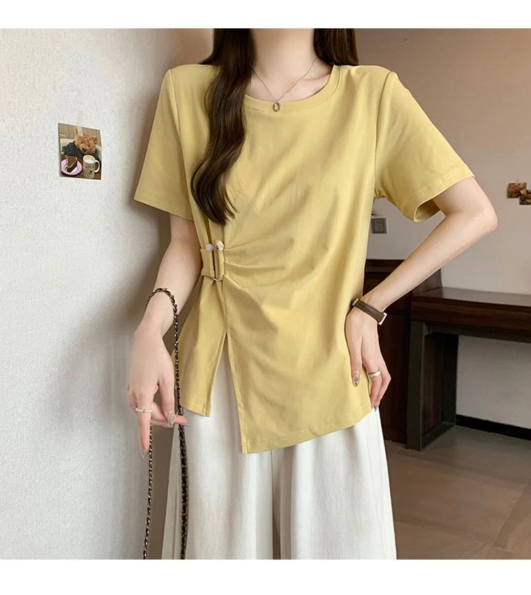 棉质设计感不规则收腰正肩短袖T恤大码夏季新款胖mm独特气质上衣