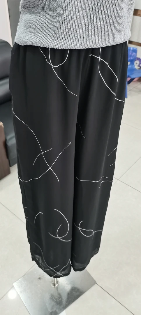 休闲慵懒舒适风宽松弹力腰撞色线条直筒阔腿女士长裤