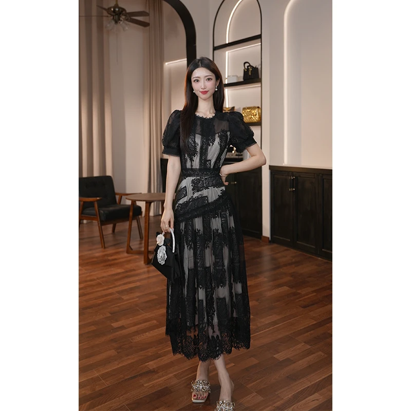 【滋滋定制】新款夏季高腰连衣裙蕾丝优雅镂空拼接气质21832