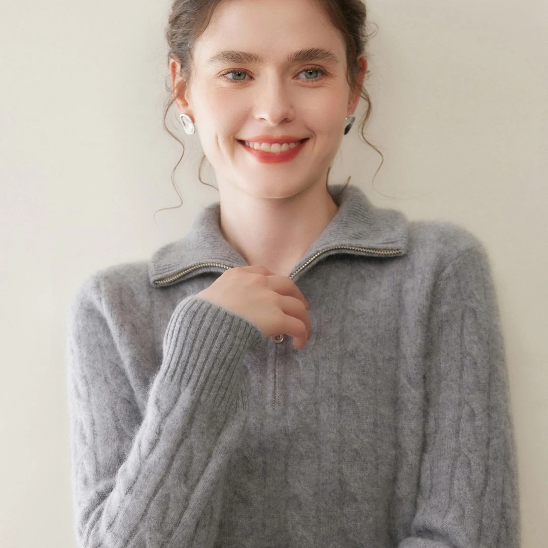 翻领麻花100%羊绒衫厚款高领针织上衣