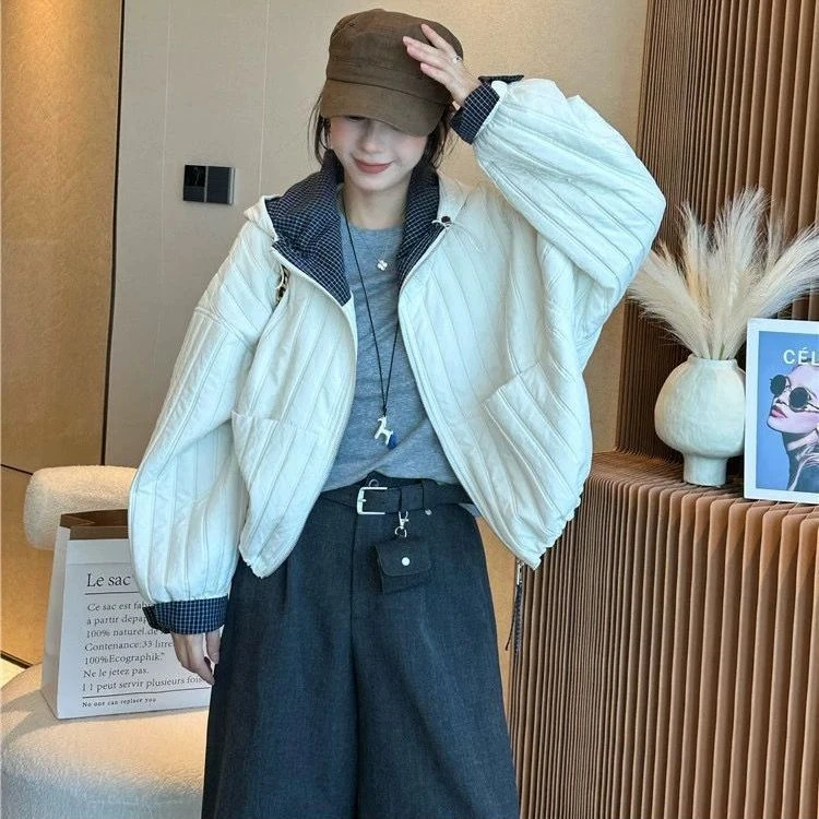 2025秋季新款韩版圆领长袖棉服外套女宽松百搭夹棉外套夹克上衣潮