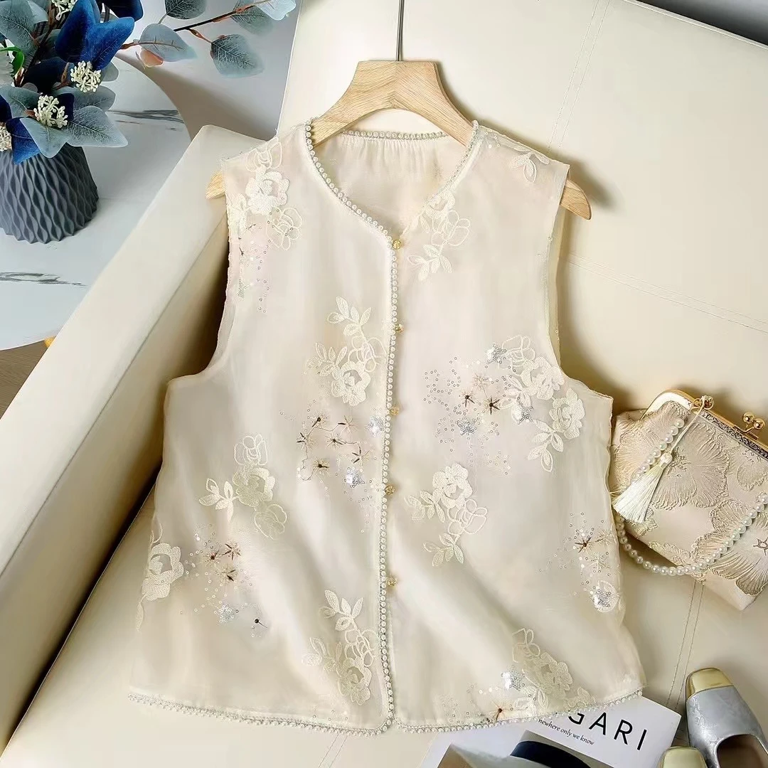 【灵蓉】白色清爽减龄新中式复古珍珠花边刺绣网纱国风透视夏季马甲