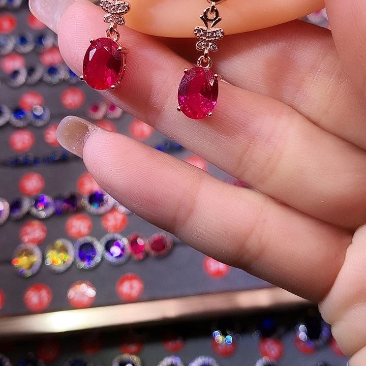 红宝石耳饰银S925镶嵌