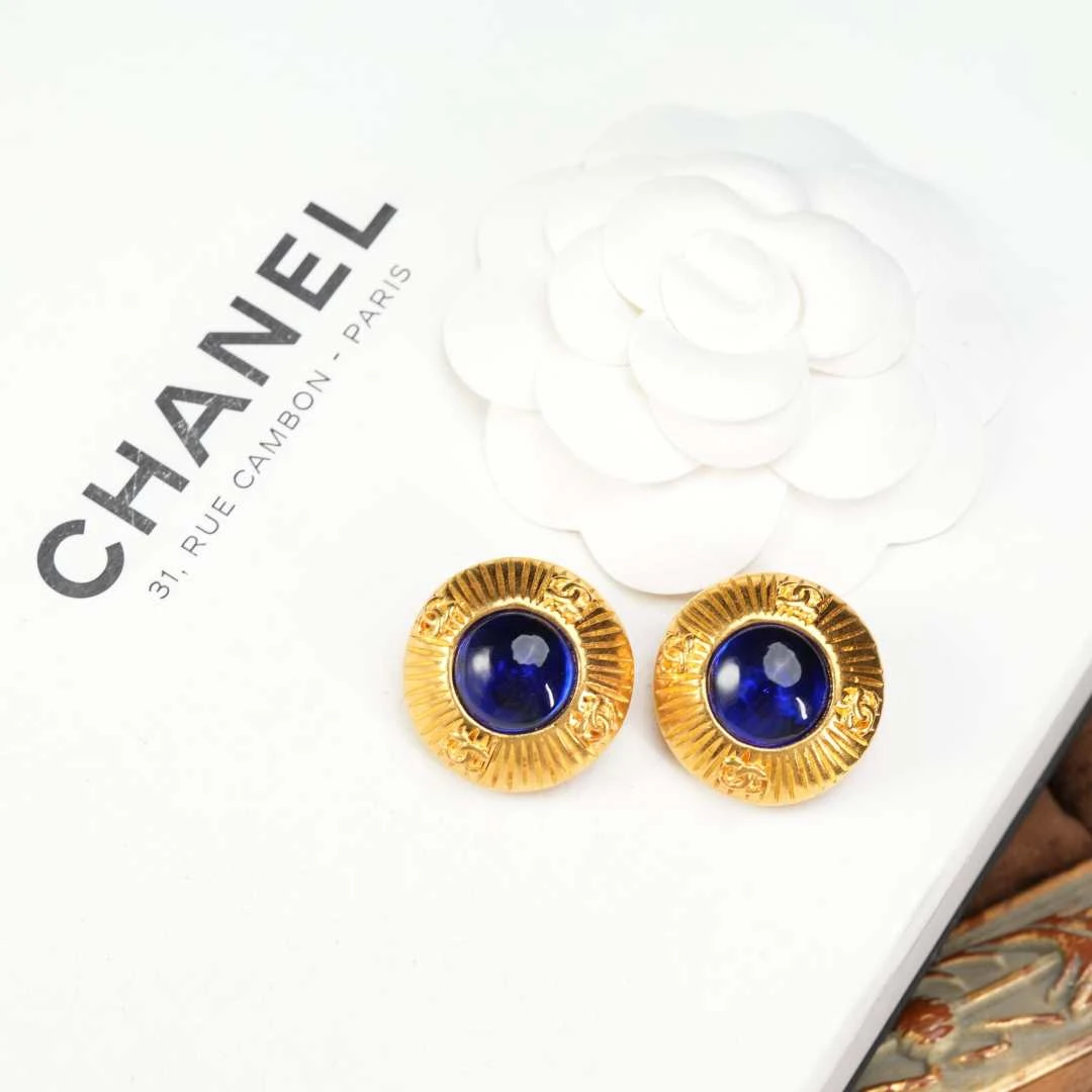 95新 Chanel/香奈儿 柚礼中古/香奈儿花朵蓝琉璃耳夹lq509006