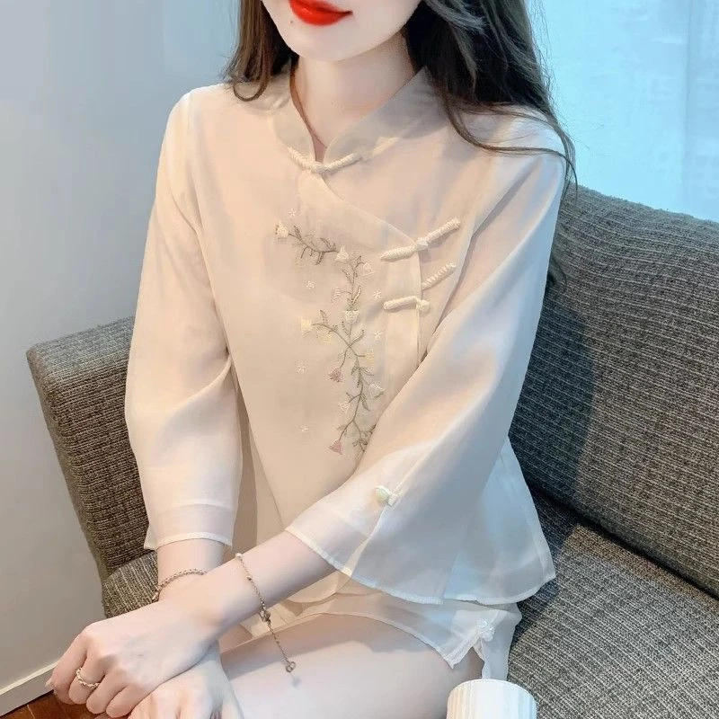 新中式改良版旗袍上衣国风盘扣刺绣 衫女温柔风绝美夏季 衬衣