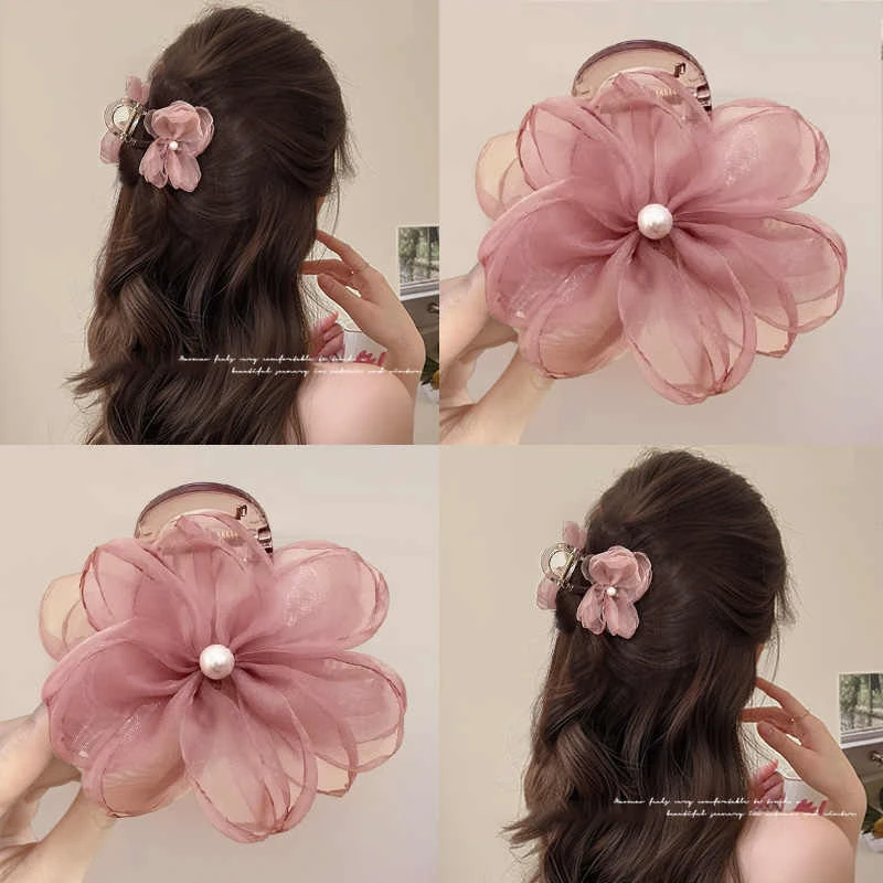 夏日粉樱~花朵抓夹女2025新款头花低丸子头发夹时尚抓夹花朵头饰
