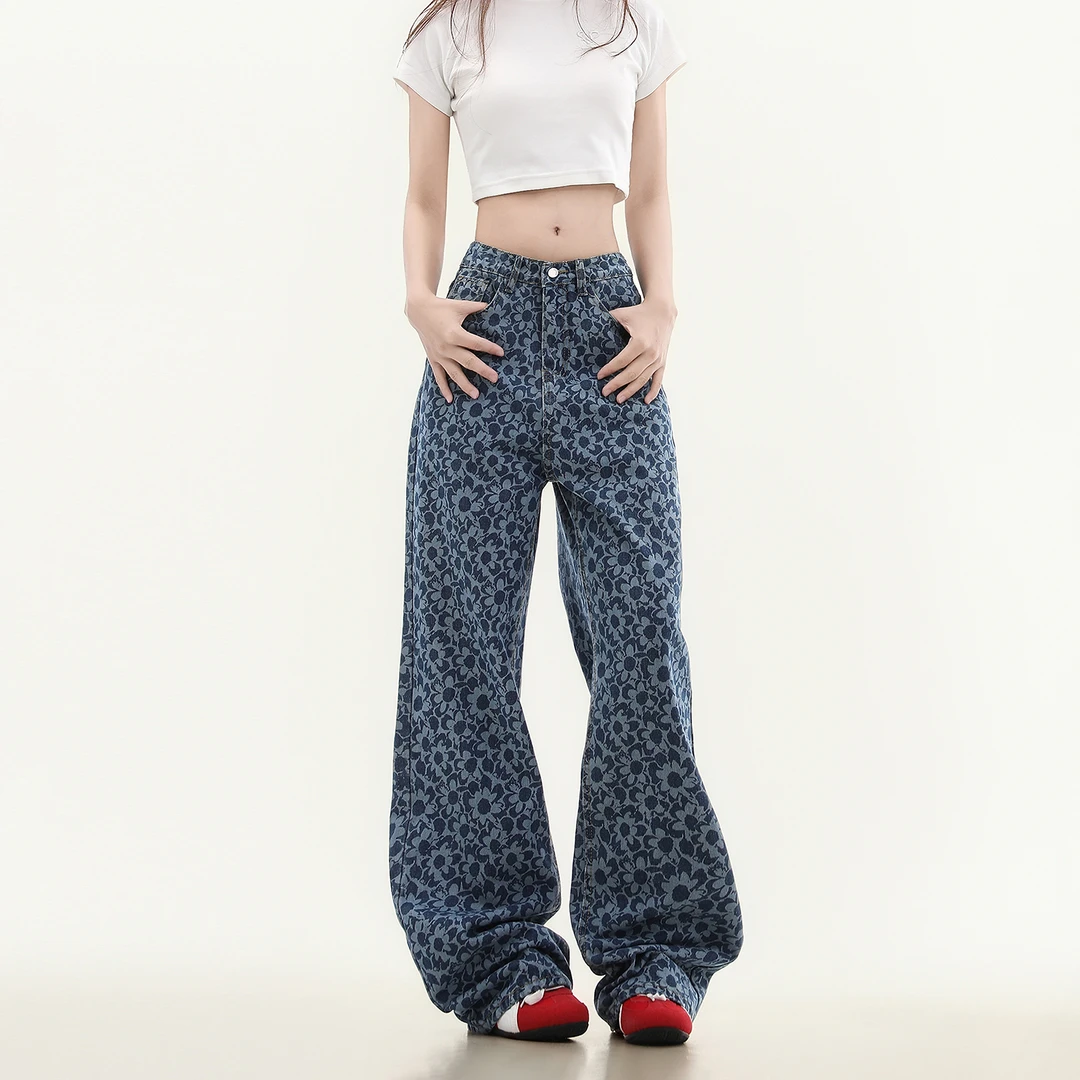 cuwu美式复古蓝色碎花满印牛仔裤女夏季高腰显瘦垂感直筒阔腿裤子