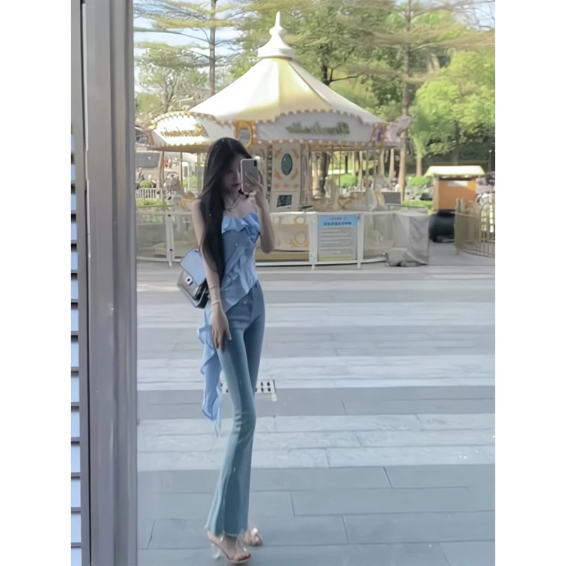 设计感小众荷叶边不规则短款吊带连衣裙喇叭牛仔裤显腿长裤子2025