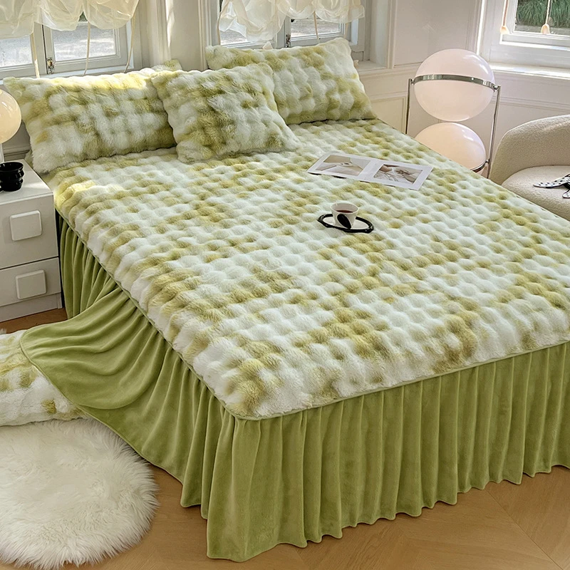 特厚冬季兔毛绒床裙单件加绒防滑珊瑚绒床围床罩带裙边床单三件套