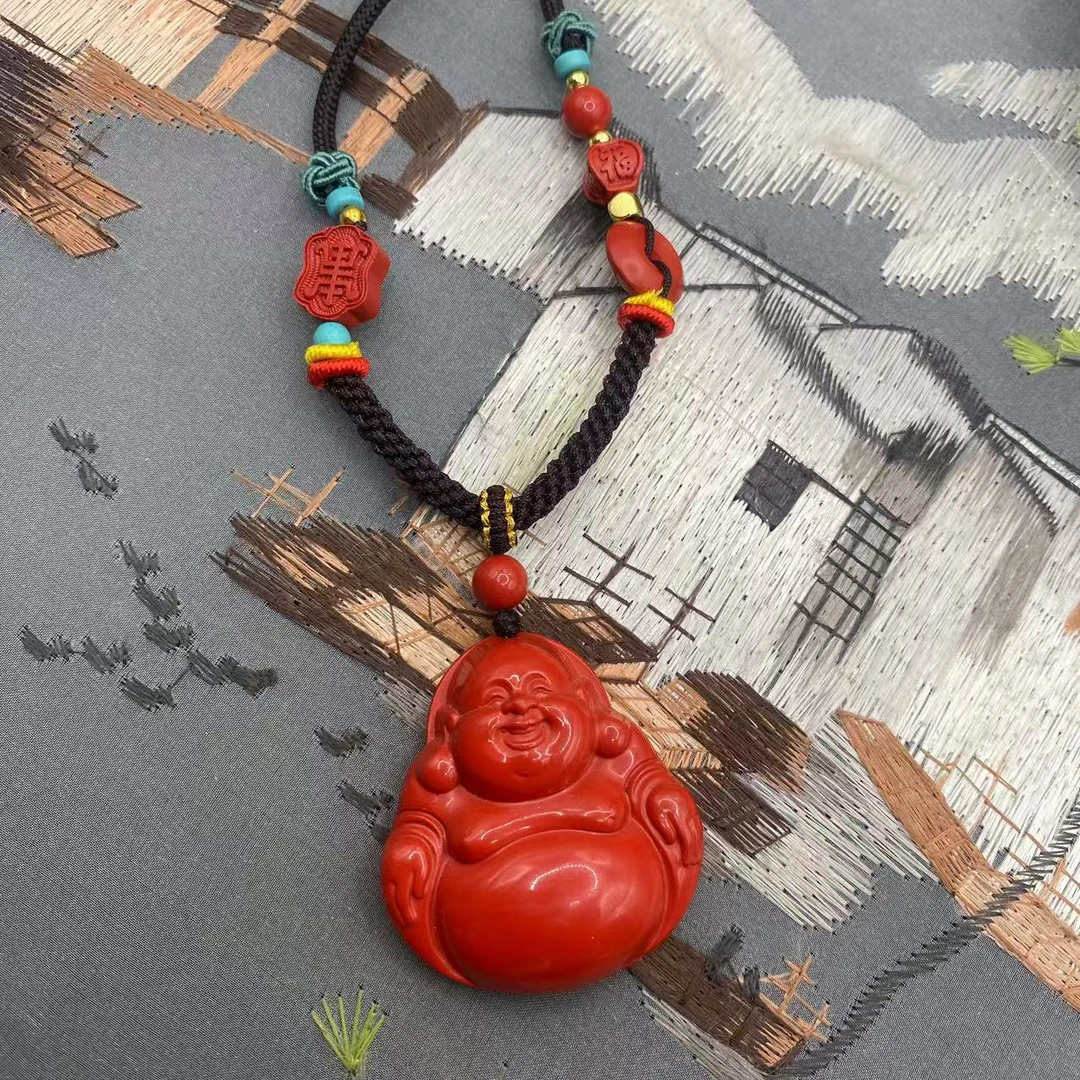 含辰砂工艺品高含量朱砂红砂设计款笑口常开大肚弥勒佛佛公吊坠