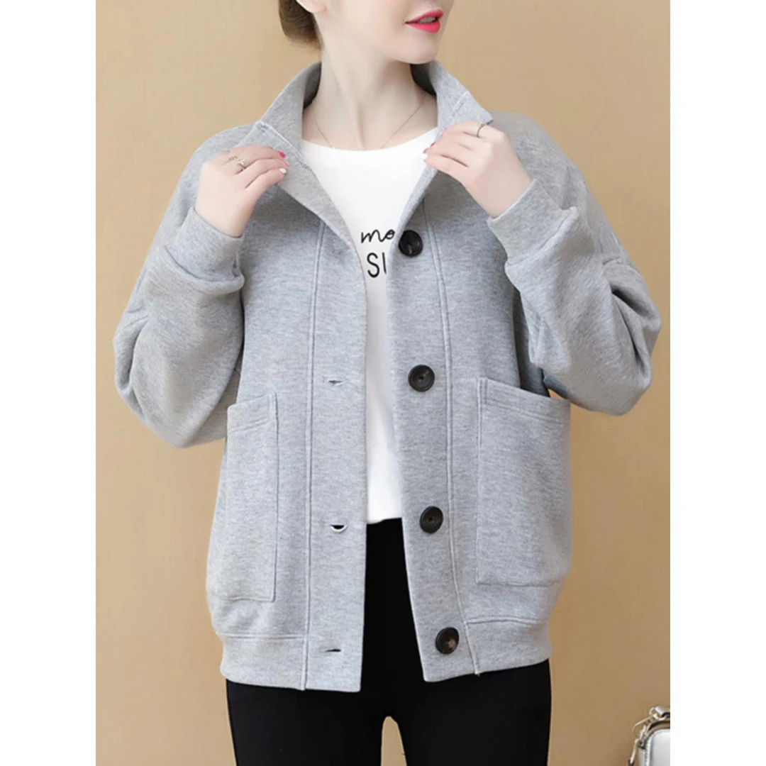 2025春季新款短夹克女式大码100公斤中老年母亲宽松立领休闲开衫