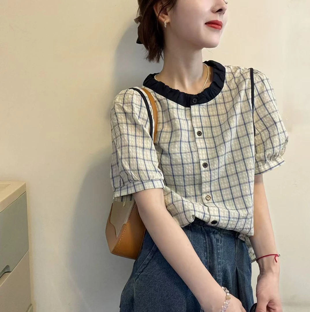 【全额运费补贴】时尚娃娃领格子撞色短袖衬衫女泡泡袖洋气上衣6699