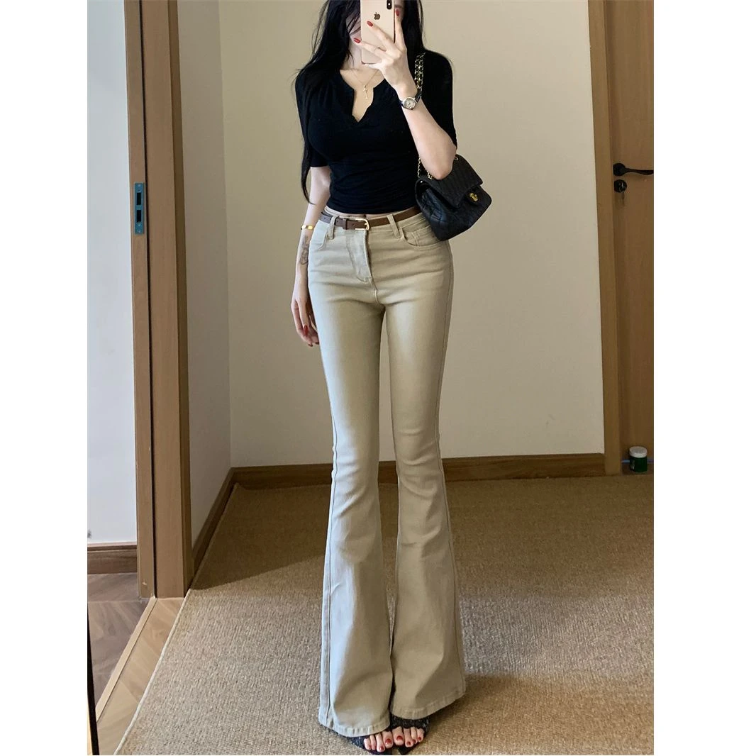 卡其色高腰老钱风微喇牛仔裤女2025秋季净版遮肉通勤显瘦喇叭裤