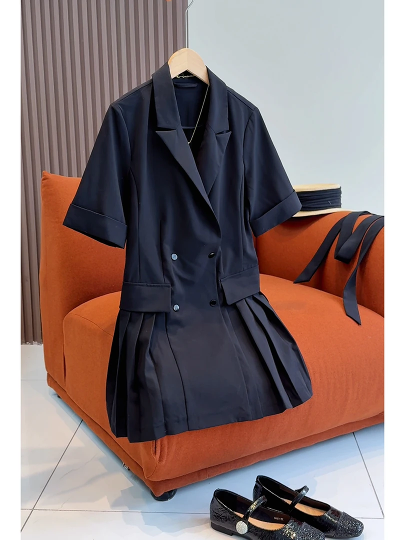 女装夏季法式小个子a字百褶西装裙高级感气质显瘦收腰连衣裙中裙