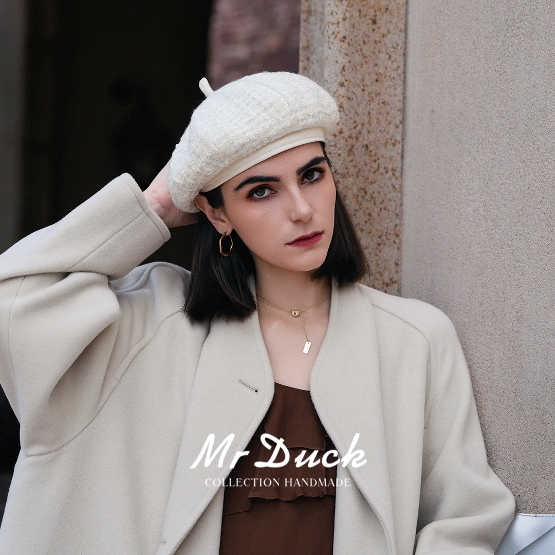 Mr DUCK进口小香粗花昵拼真皮贝雷帽女 时髦气质八角画家帽秋