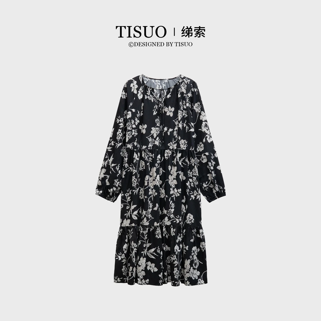 TISUO/绨索“夜漫舒云”法式优雅系带印花桑蚕丝连衣裙TS540499