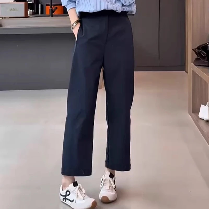 2025年秋季薄款大码休闲直筒裤子女高腰弹力显瘦洋气九分哈伦裤子