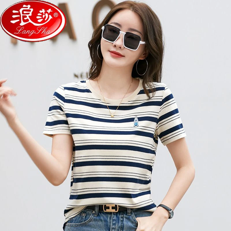 浪莎夏季棉质条纹t恤撞色短袖T恤时尚刺绣洋气宽松休闲百搭上衣女