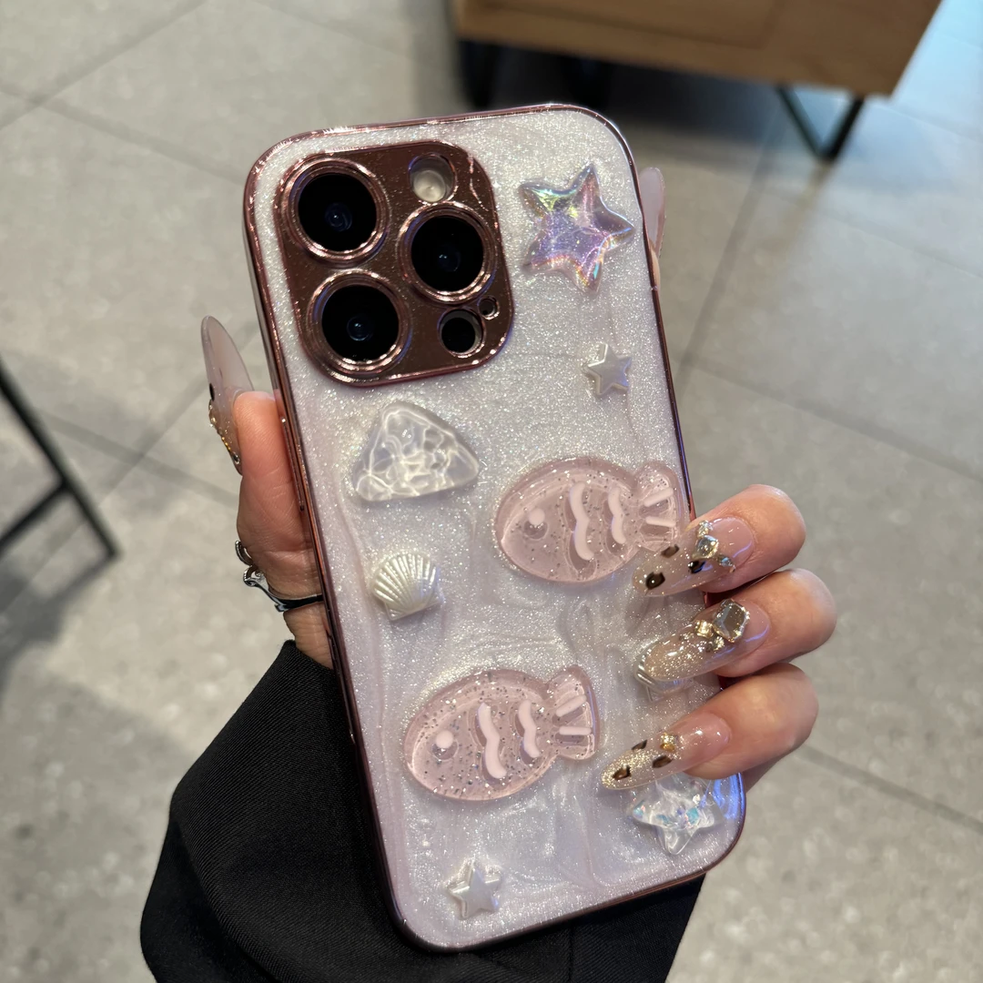 电镀滴胶星星小鱼适用苹果16promax手机壳iPhone15时尚14个性13女