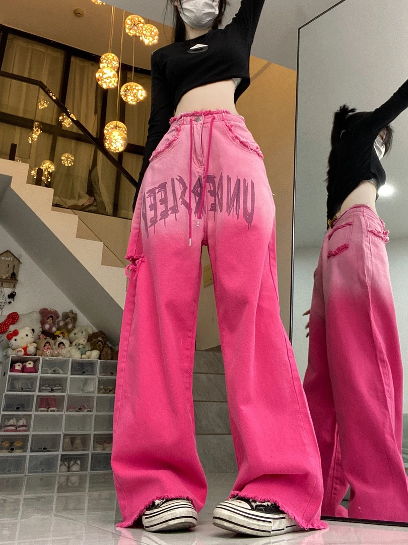 美式复古做旧休闲辣妹宽松直筒破洞阔腿牛仔裤子潮