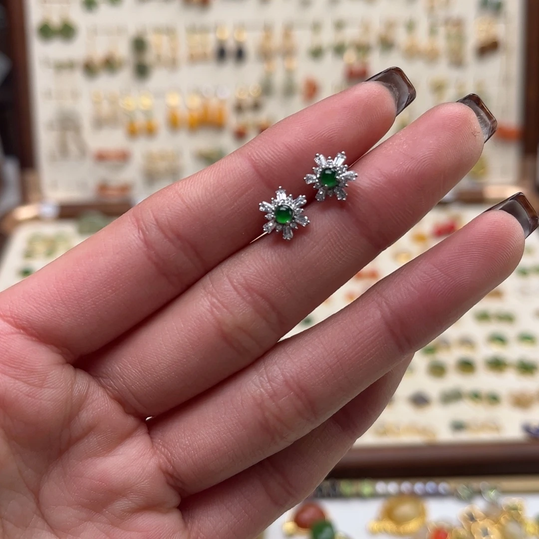 和田玉银S925镀金镶嵌耳饰