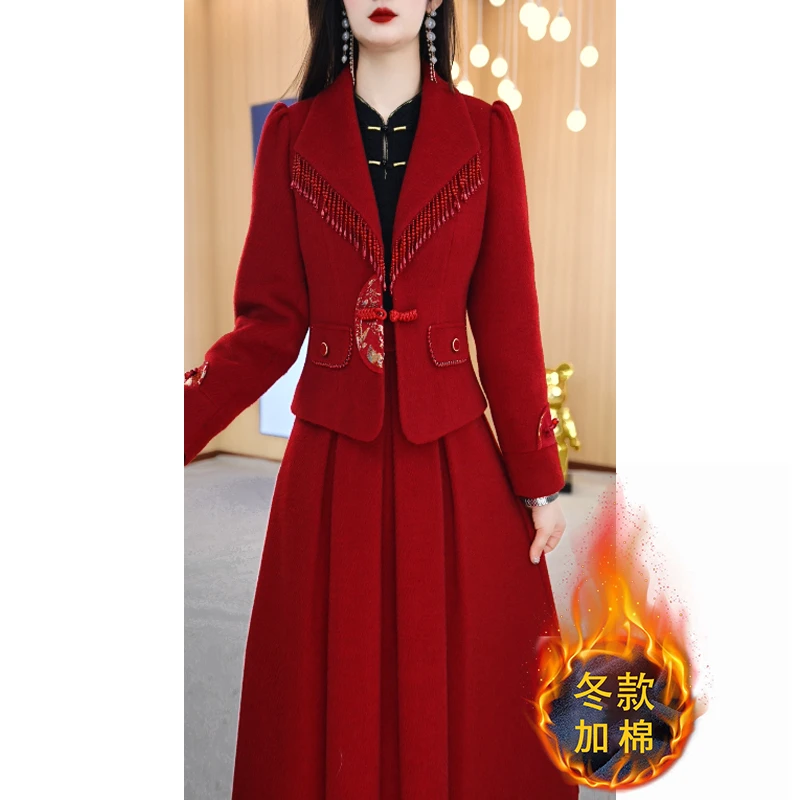 【两件套】冬季设计感西装领中式国风纯色中长款两件套套裙M-4XL