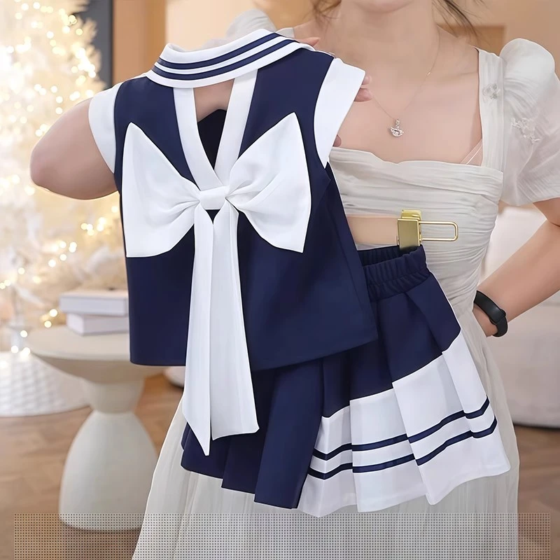 女童Polo衫百褶裙套装夏季2025新款学院风蝴蝶结镂空无袖JK短裙潮