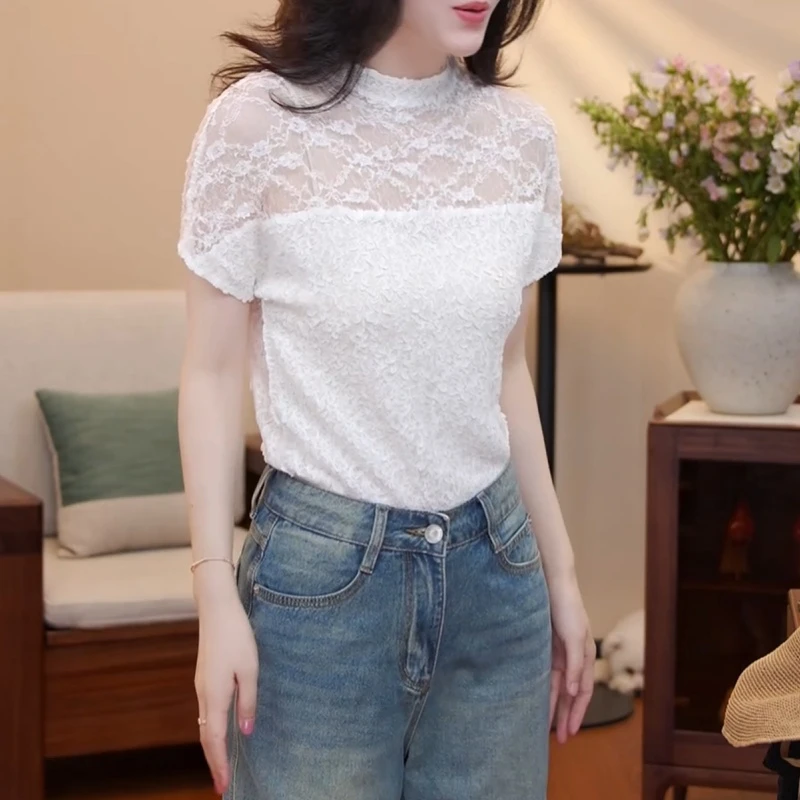 新款气质法式半高领蕾丝网纱短袖T恤LK2503688