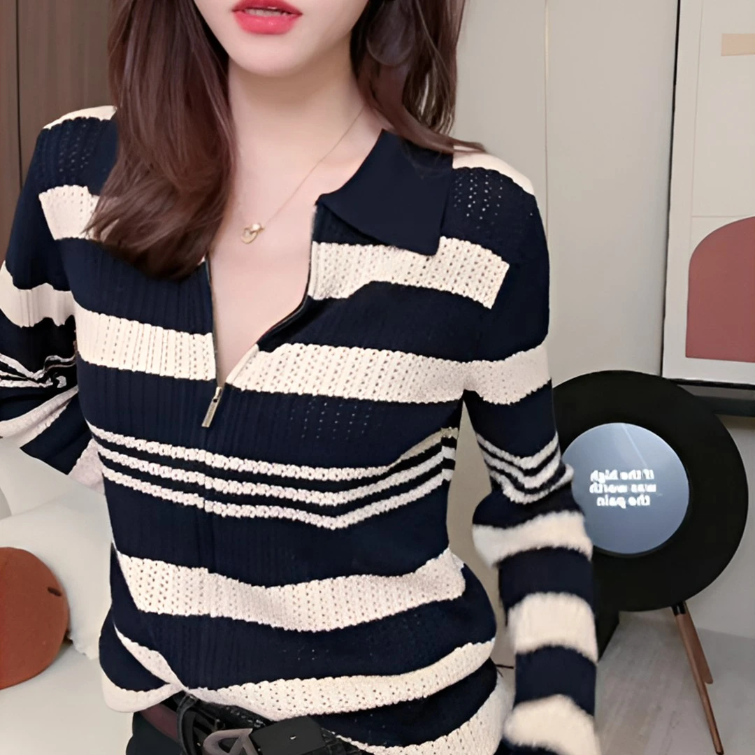 秋季新款时尚复古撞色条纹针织衫女气质百搭显瘦减龄打底开衫上衣