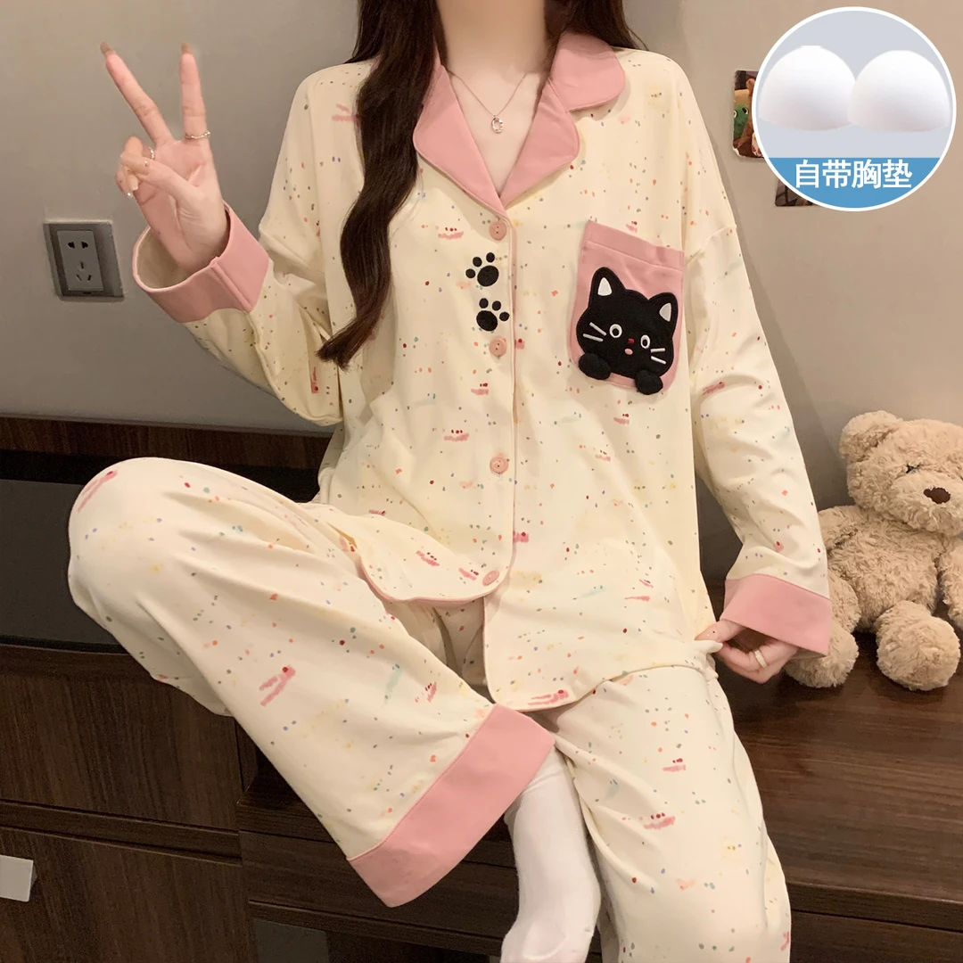 春秋季长袖睡衣套装女可爱卡通甜美秋冬季带胸垫睡衣女家居服套装