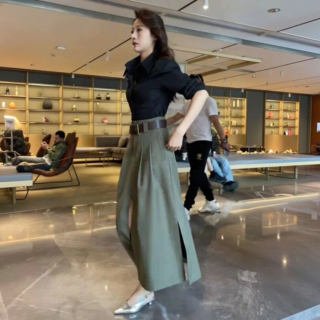 秋季新款御姐穿搭套装女时尚通勤百搭长袖衬衫设计感开叉半身裙子