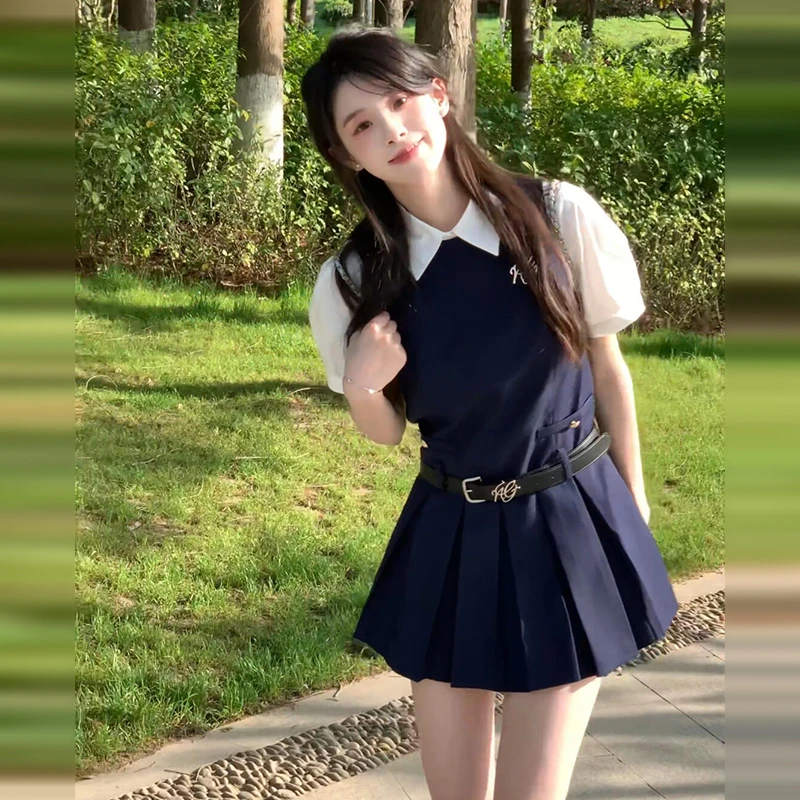 学院风泡泡袖衬衫背带连衣裙子女2025新款小个子收腰百褶短裙套装