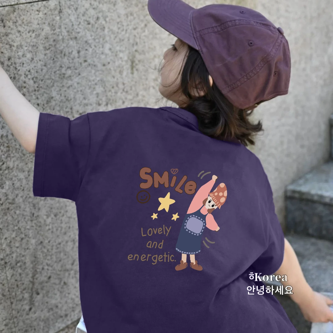 韩版纯棉时尚女孩紫色卡通短袖t恤夏季女中大儿童6-12岁宽松上衣