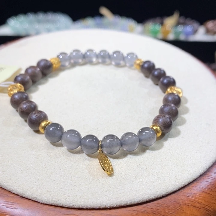 翡翠18K金镶嵌吊坠(不含链)翡翠黑杠手串