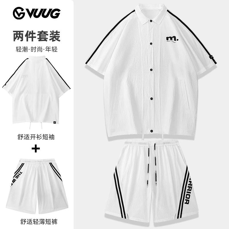 VUUG立体翻领短袖衬衫男女同款短袖短裤潮流翻领透气套装短款