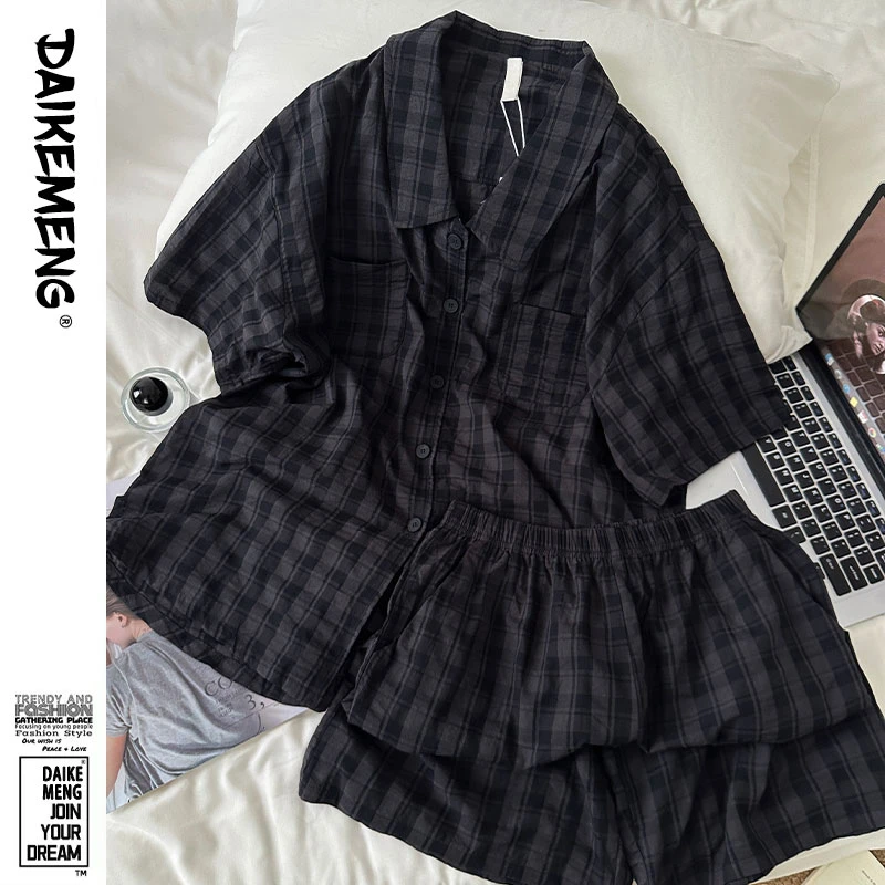 【美式格纹】ins风夏季柔软云朵棉翻领短袖短裤可外穿家居服两件套