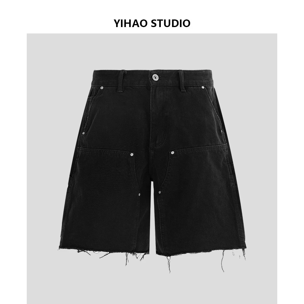 YIHAO STUDIO夏季男款潮流牛仔短裤时尚百搭宽松休闲毛边五分裤
