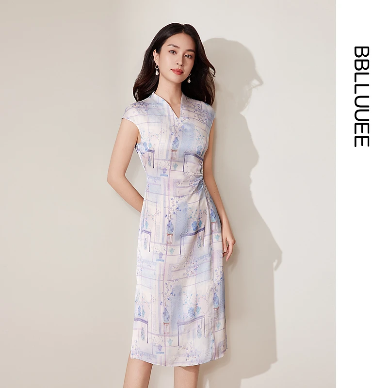 【晨粉专享价】【逸瓶兰】粉蓝衣橱2025夏装新款国风改良写意印花旗袍
