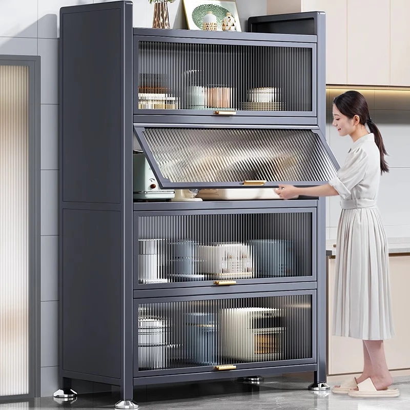 厨房置物架落地多层收纳柜子微波炉家用带门多功能橱柜储物柜防尘