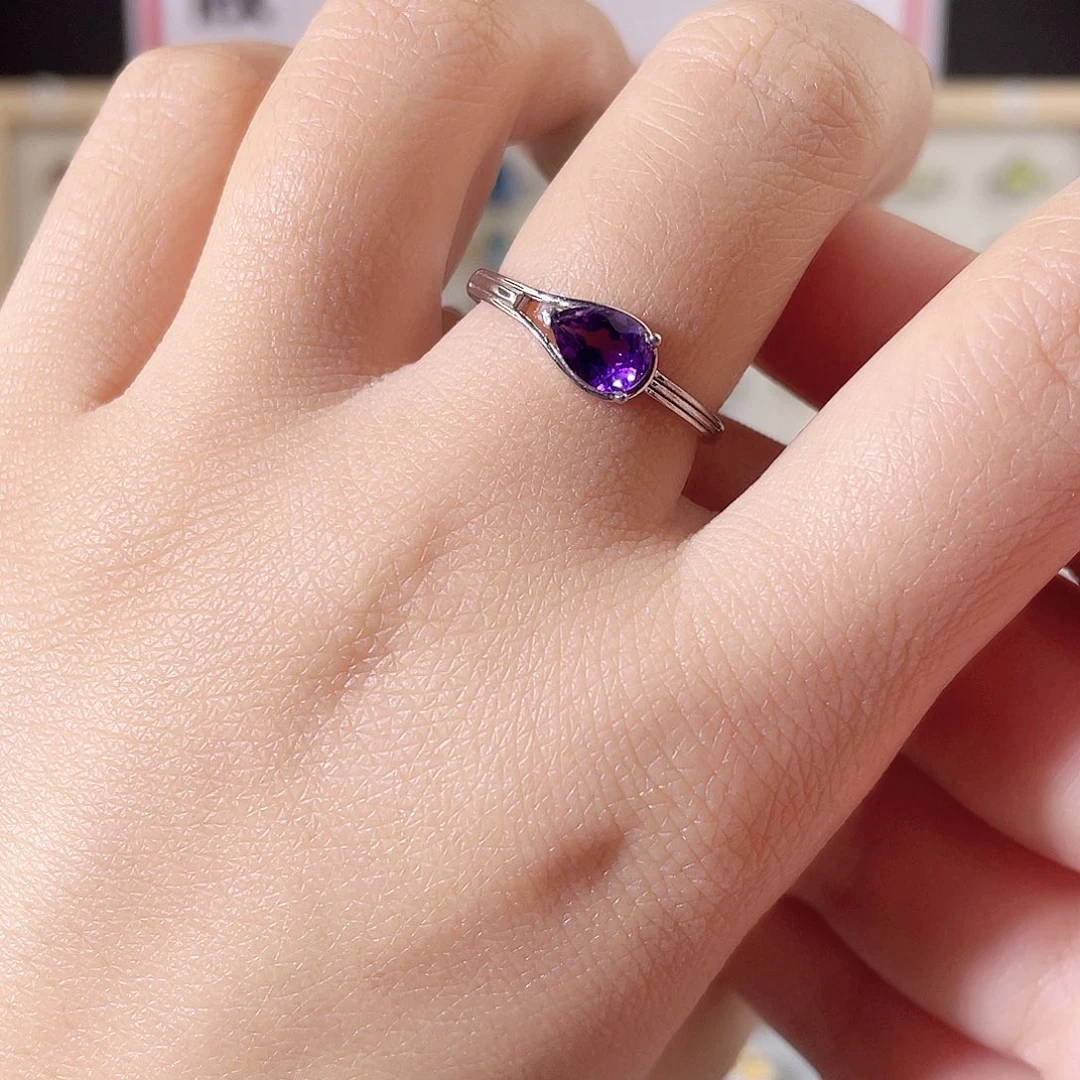 银S925镶嵌戒指紫晶水滴横镶戒指