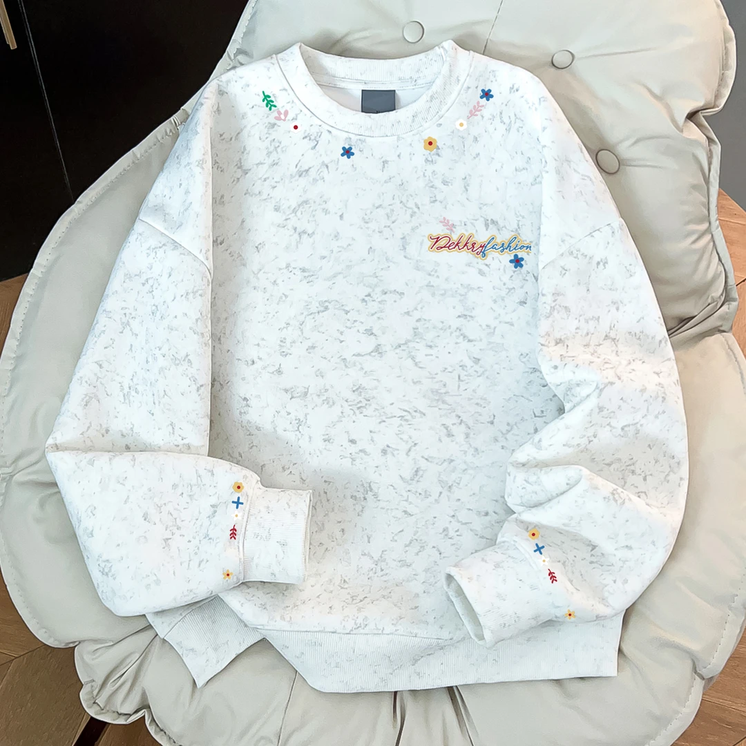 美式秋冬彩色花卉字母印花卫衣新颖男女款白色蜡染款套头休闲上衣