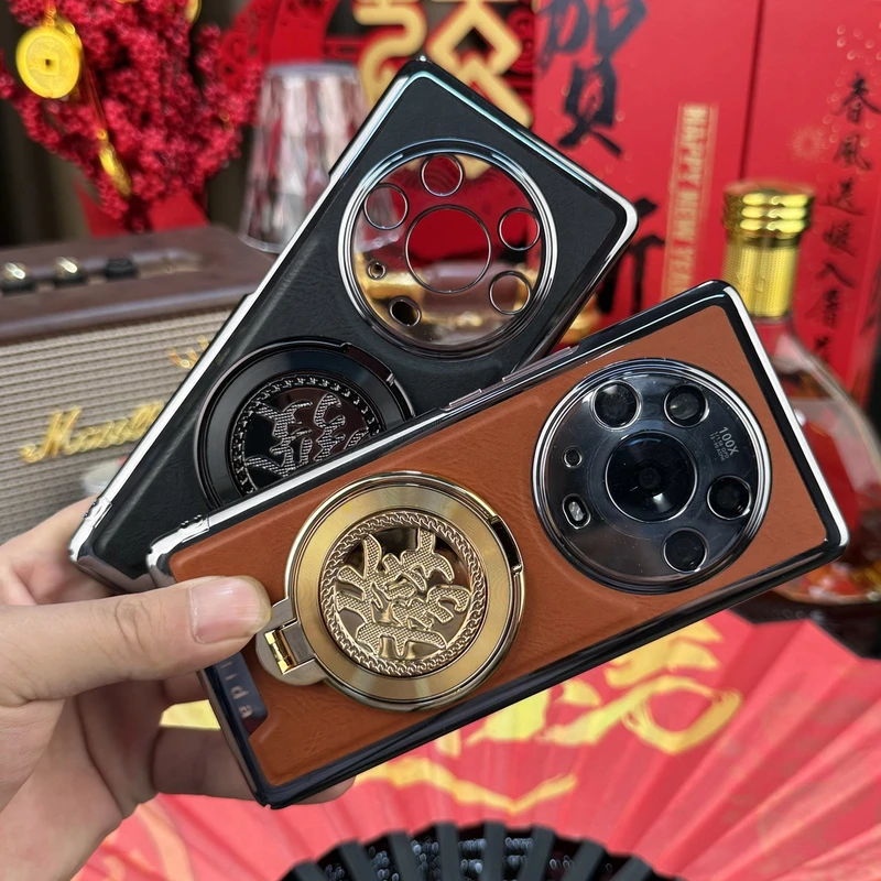 适用于荣耀Magic3 Pro【解压陀螺+發字支架】电镀纳帕皮纹防摔全包