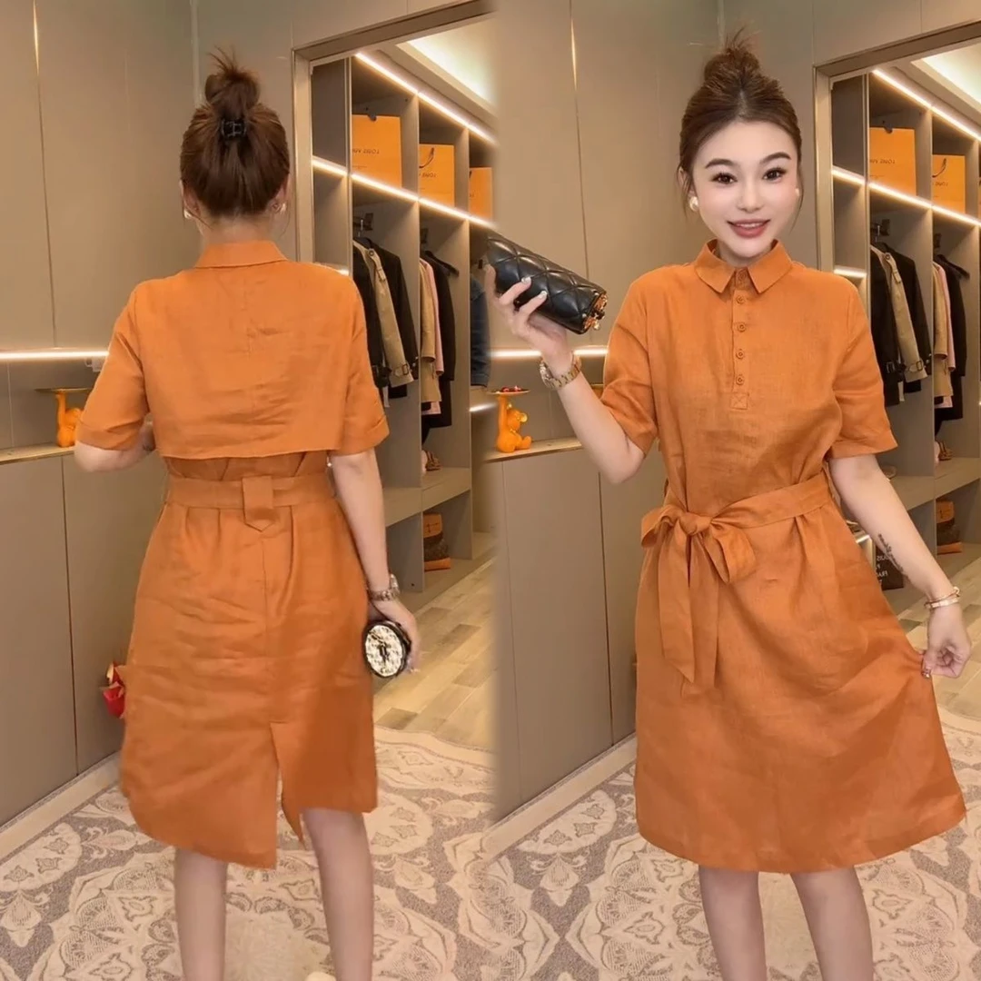 夏季薄款连衣裙女韩版简约风通勤宽松收腰显瘦短袖polo领衬衫裙潮