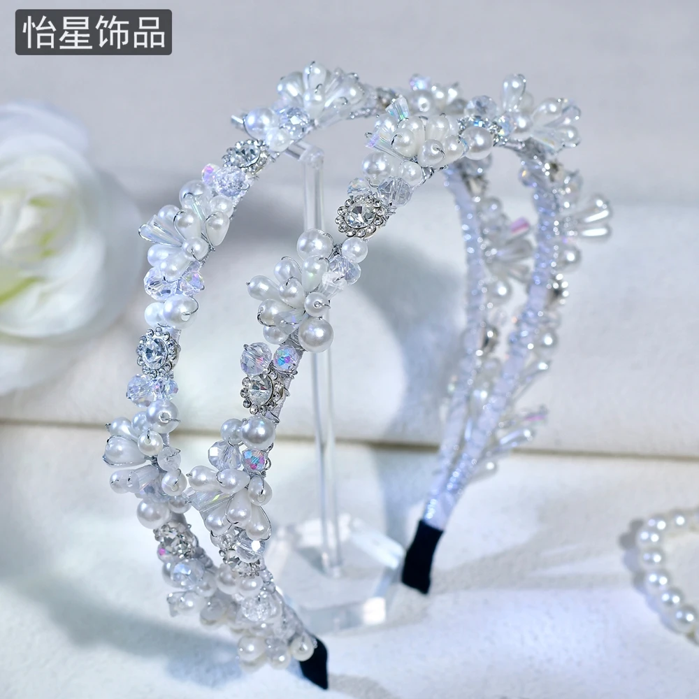 怡星新款韩系网红名媛风双层珍珠水钻头箍发饰高级感新娘配饰发箍