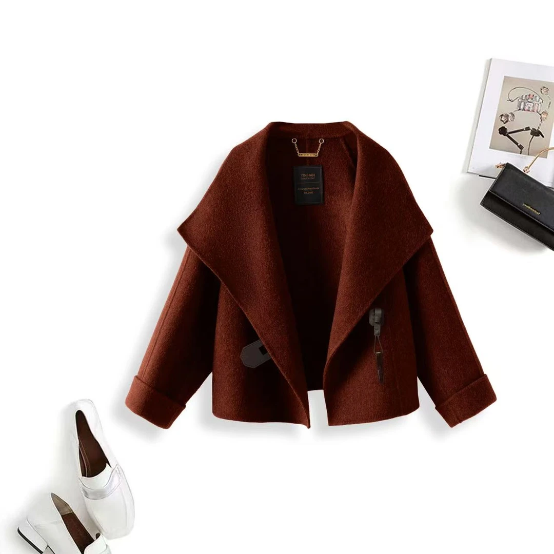 【域雪牦绒】韩版秋季上新设计师款牦牛绒翻领毛呢外套2502