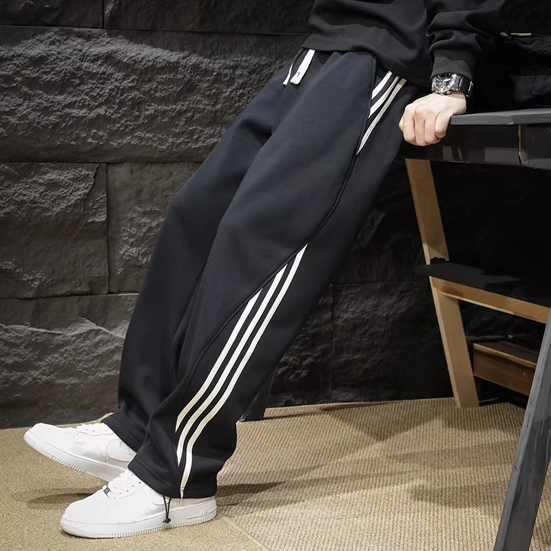 秋冬新款直筒运动裤男宽松垂感阔腿裤条纹拼接针织卫裤男士休闲裤