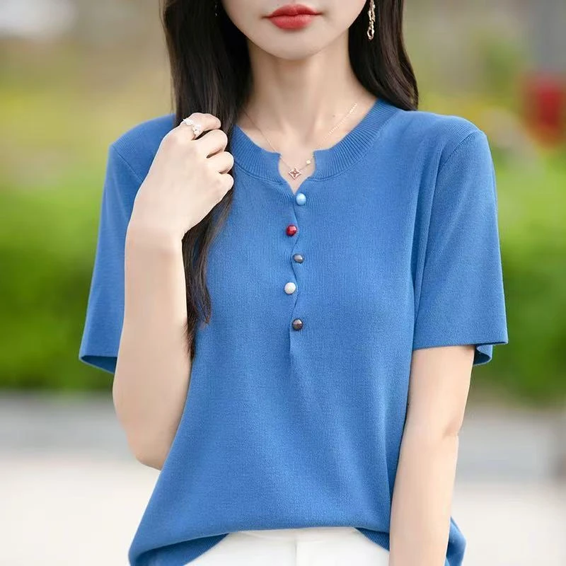 简约百搭V领彩扣短袖针织衫打底上衣女显瘦时尚T恤