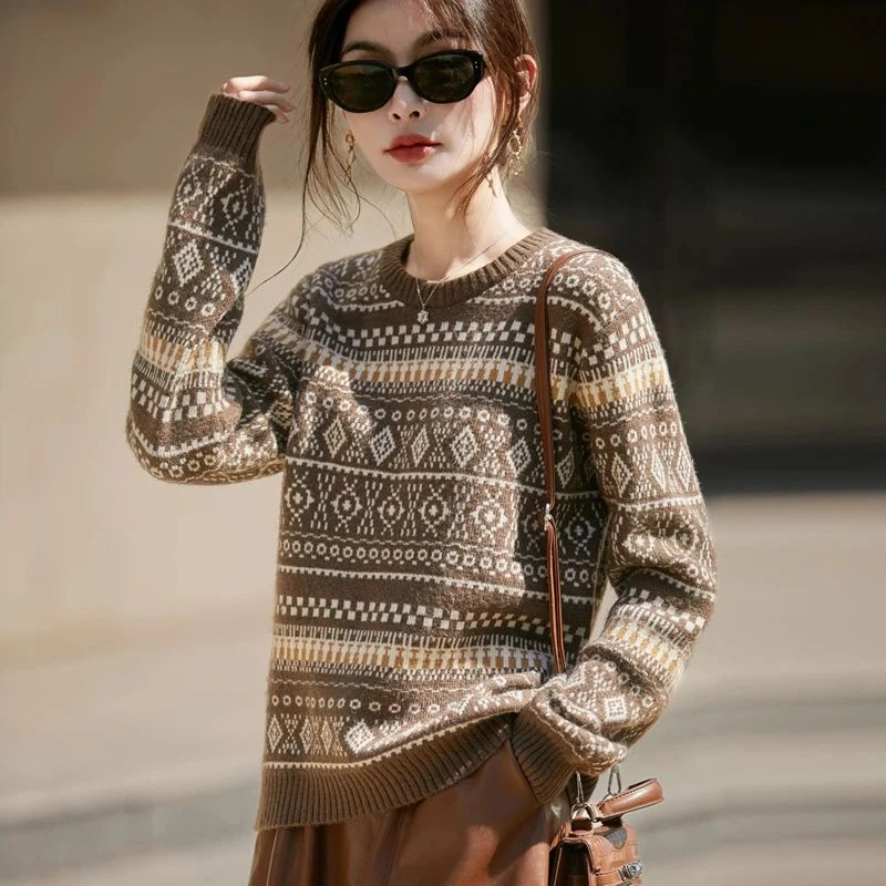 品牌撤柜正品2025新款拼色圆领精纺羊毛衫上衣女长袖撞色针织衫