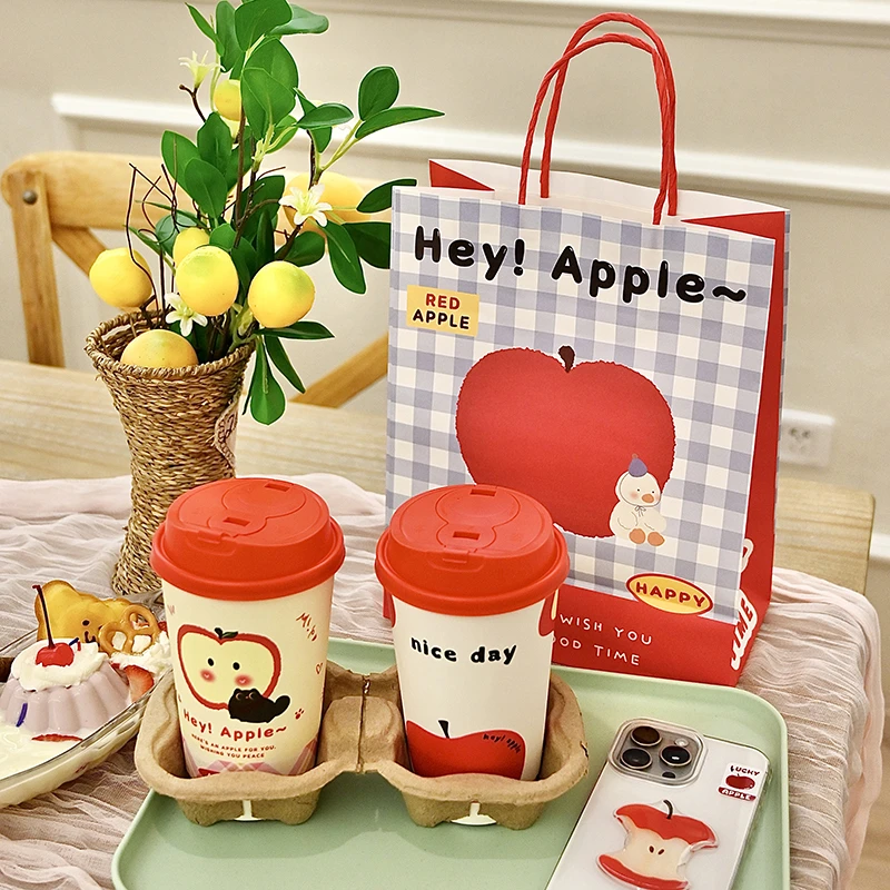苹果500ml·冰热两用携带一次性带盖咖啡杯子食品级大容量奶茶杯