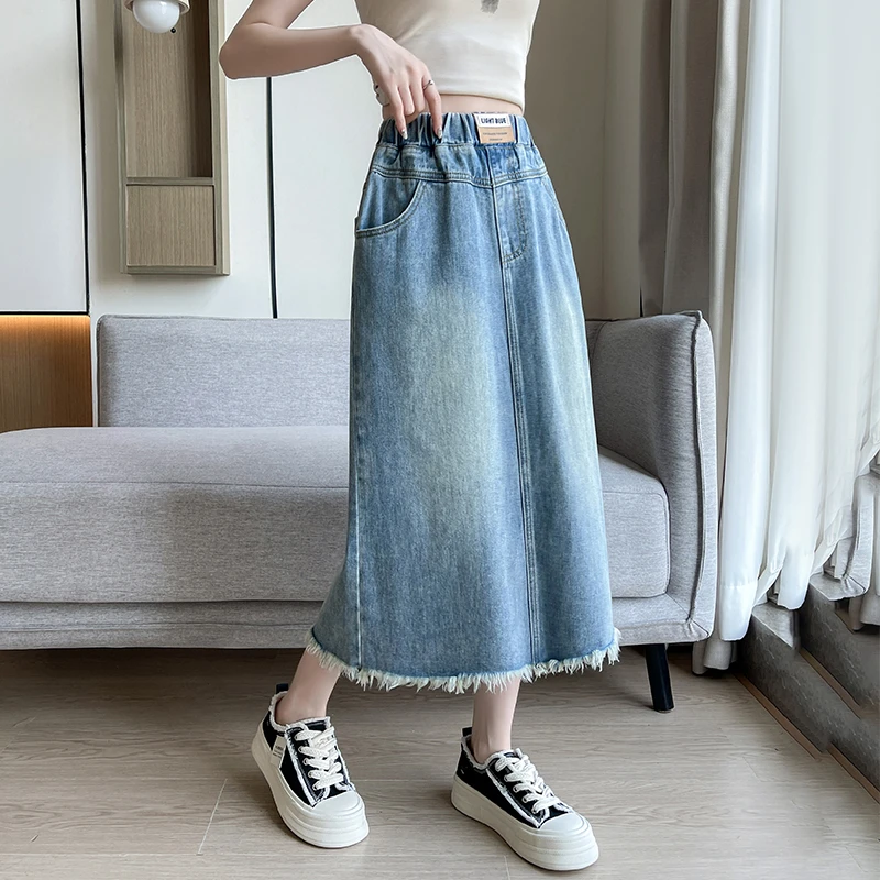 胖mm大码牛仔夏季薄款松紧腰直筒中长裙后开叉学生半身裙高腰新款